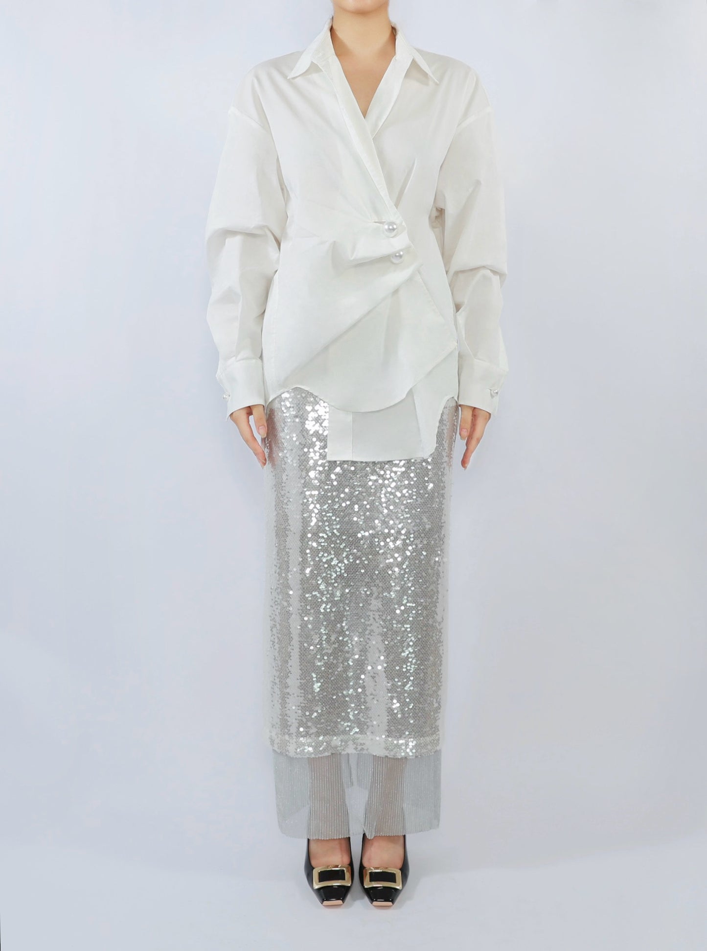 Asymmetric Pearl Button Oversized Collar Shirt